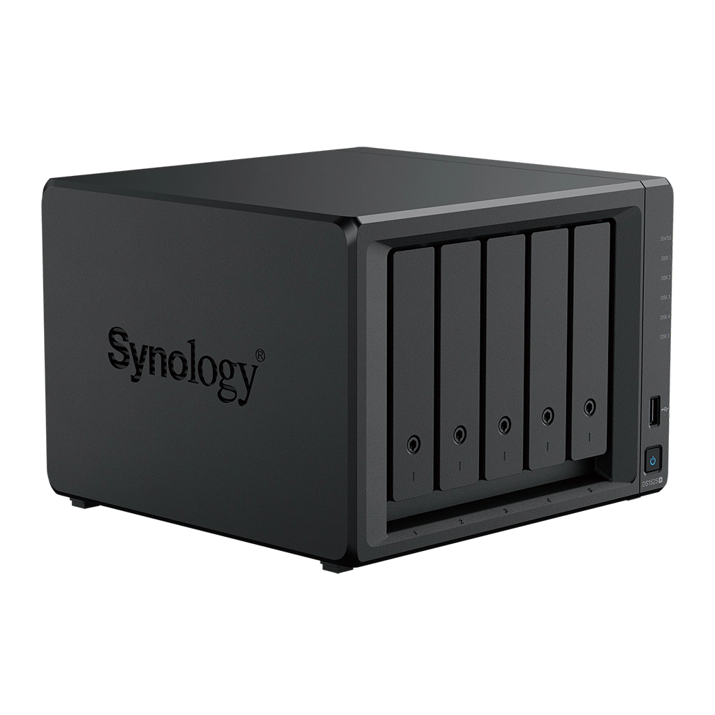 Thiết bị lưu trữ mạng Synology DS1525+ 5-bay Plus series (up to 15-bay), AMD Ryzen V1500B, 8 GB DDR4 SODIMM (up to 32 GB), 2 x M.2 NVMe slots, 2 x 2.5GbE RJ-45 ports, 10GbE expansion options via E10G22-T1-Mini, 3Y WTY_DS1525+