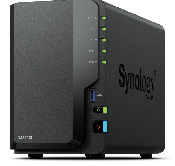 Thiết bị lưu trữ mạng Synology DS225+ 2-bay Plus series model with Intel Celeron J4125 quad-core, 2 GB non-ECC DDR4 SODIMM by default, Built-in 1 x 2.5GbE and 1 x 1GbE RJ-45 LAN port