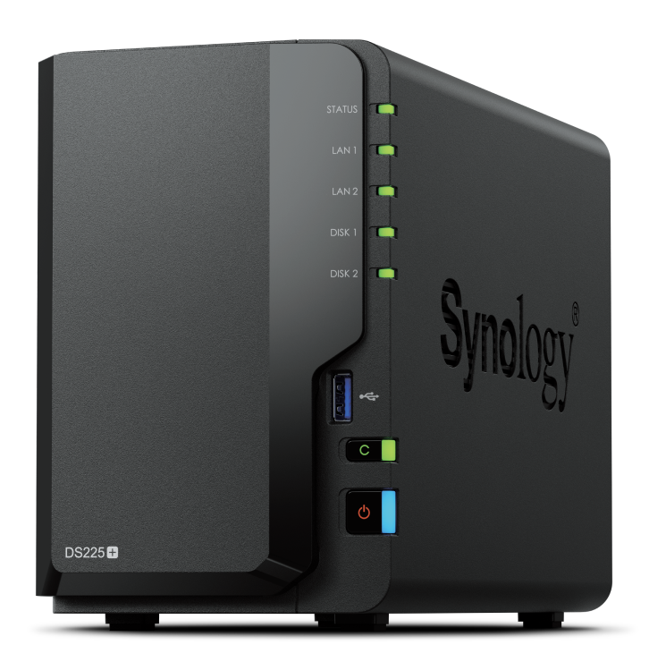 Thiết bị lưu trữ mạng Synology DS225+ 2-bay Plus series model with Intel Celeron J4125 quad-core, 2 GB non-ECC DDR4 SODIMM by default, Built-in 1 x 2.5GbE and 1 x 1GbE RJ-45 LAN port